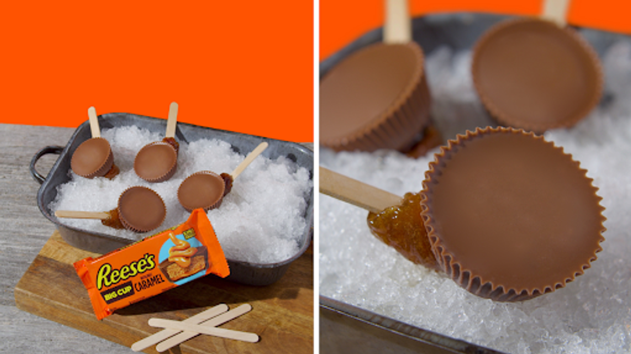 REESE’S caramel treats on snow. Right: Close-up of REESE’S maple taffy