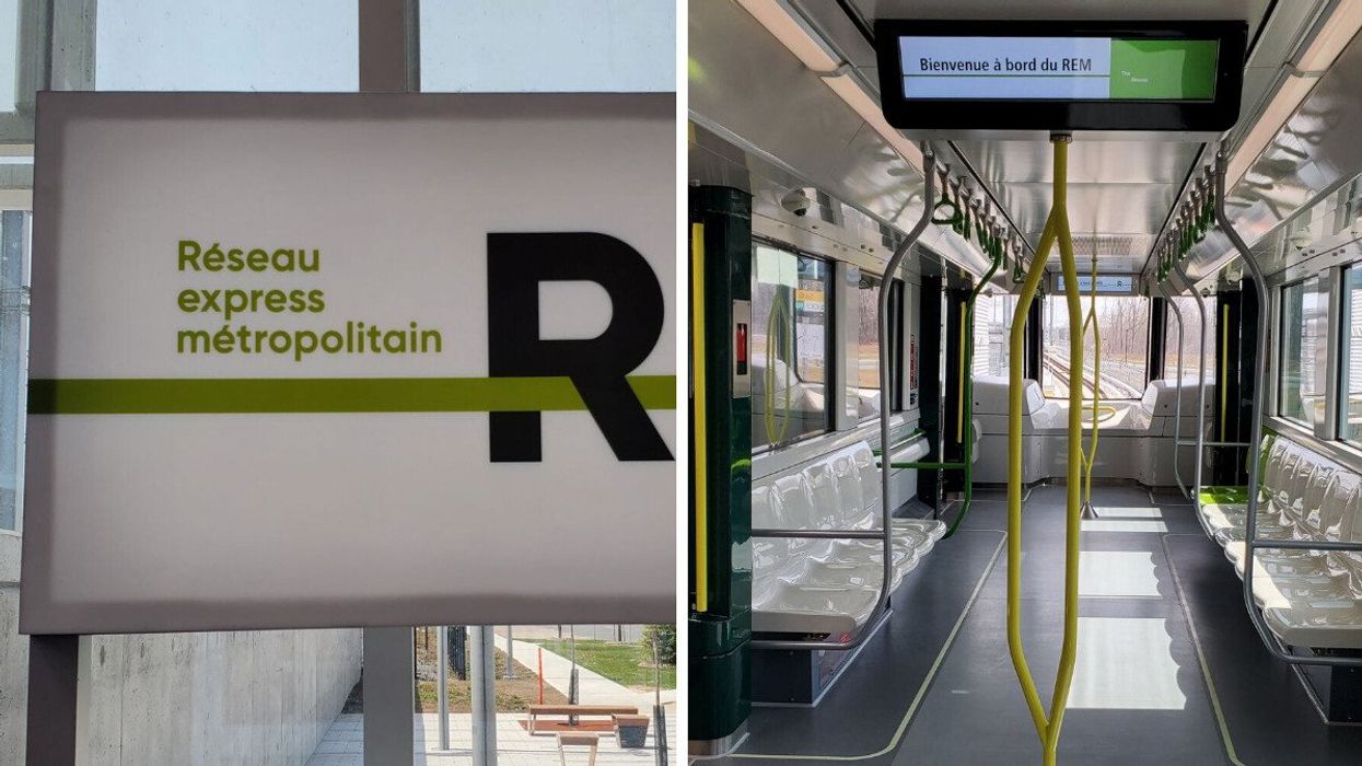 REM sign at the Brossard Station. Right: Inside of a rail car.