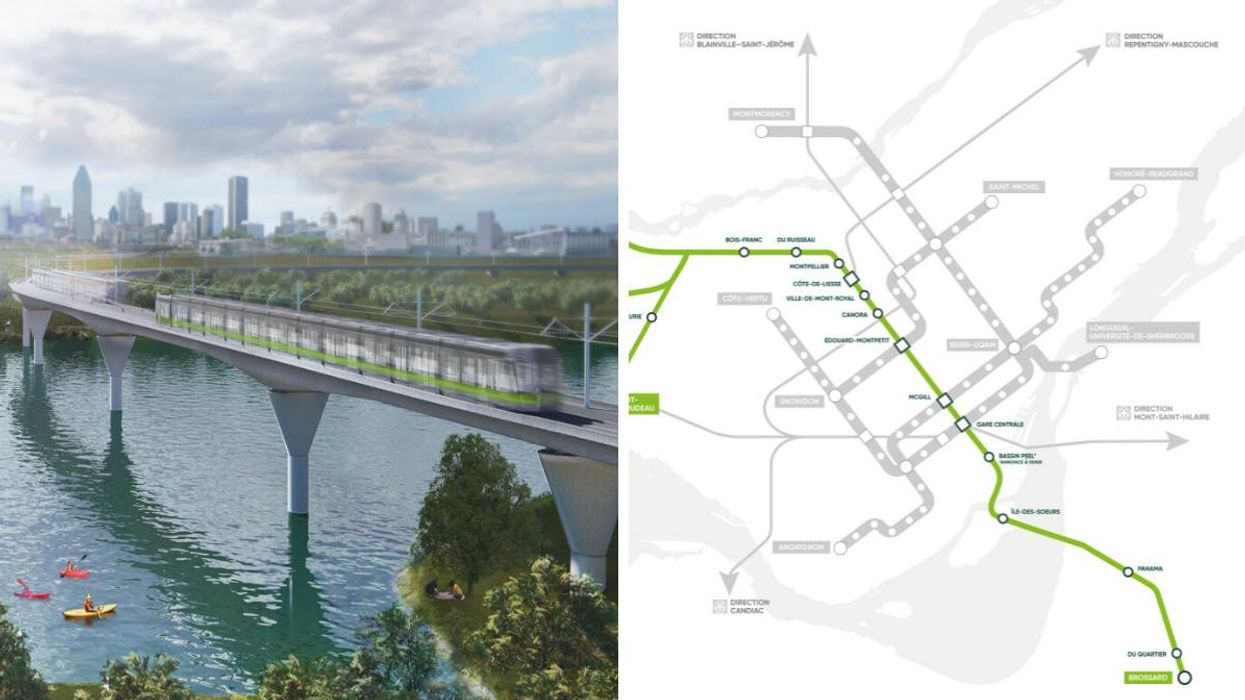 Rendering of a REM train crossing a bridge to Île-des-Sœurs with the Montreal skyline in the background. Right: REM map.