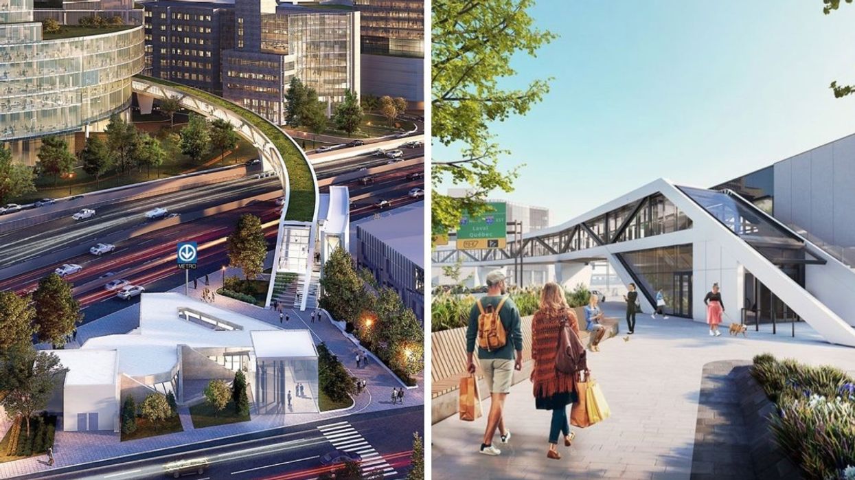 Renderings of Montreal's new Royalmount mall skybridge connecting the shopping centre to the Montreal metro station.