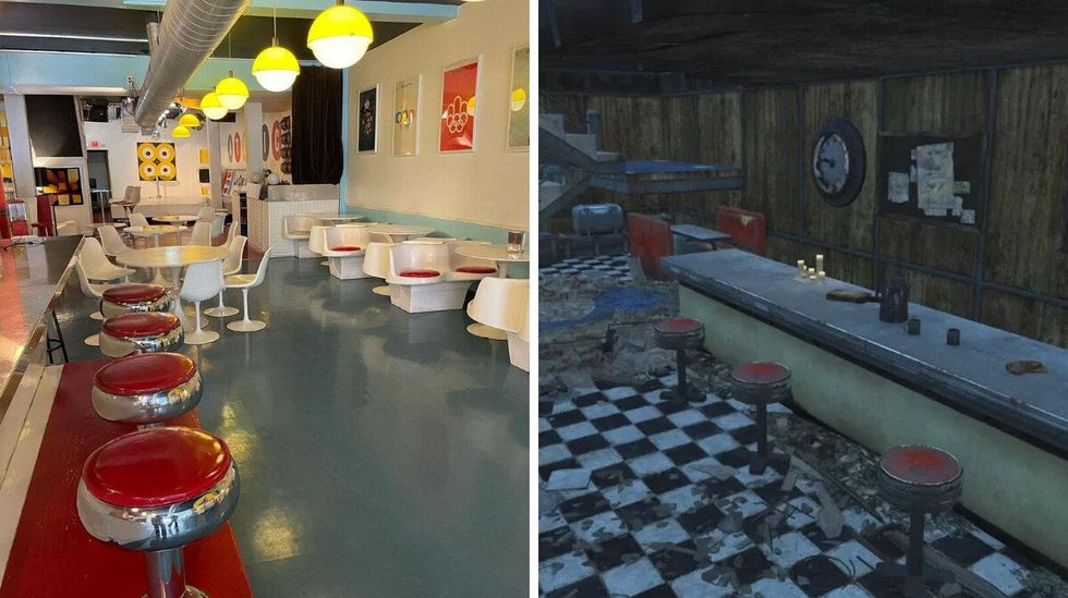 Retro decor including red and chrome stools in Atomic Caf\u00e9. Right: Anna's Caf\u00e9 in Fallout 4 with similar seating.
