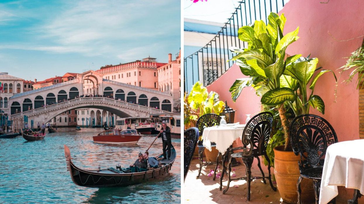 Rialto Bridge in Venice, Italy. Right: A sun-soaked restaurant patio in Cuba.