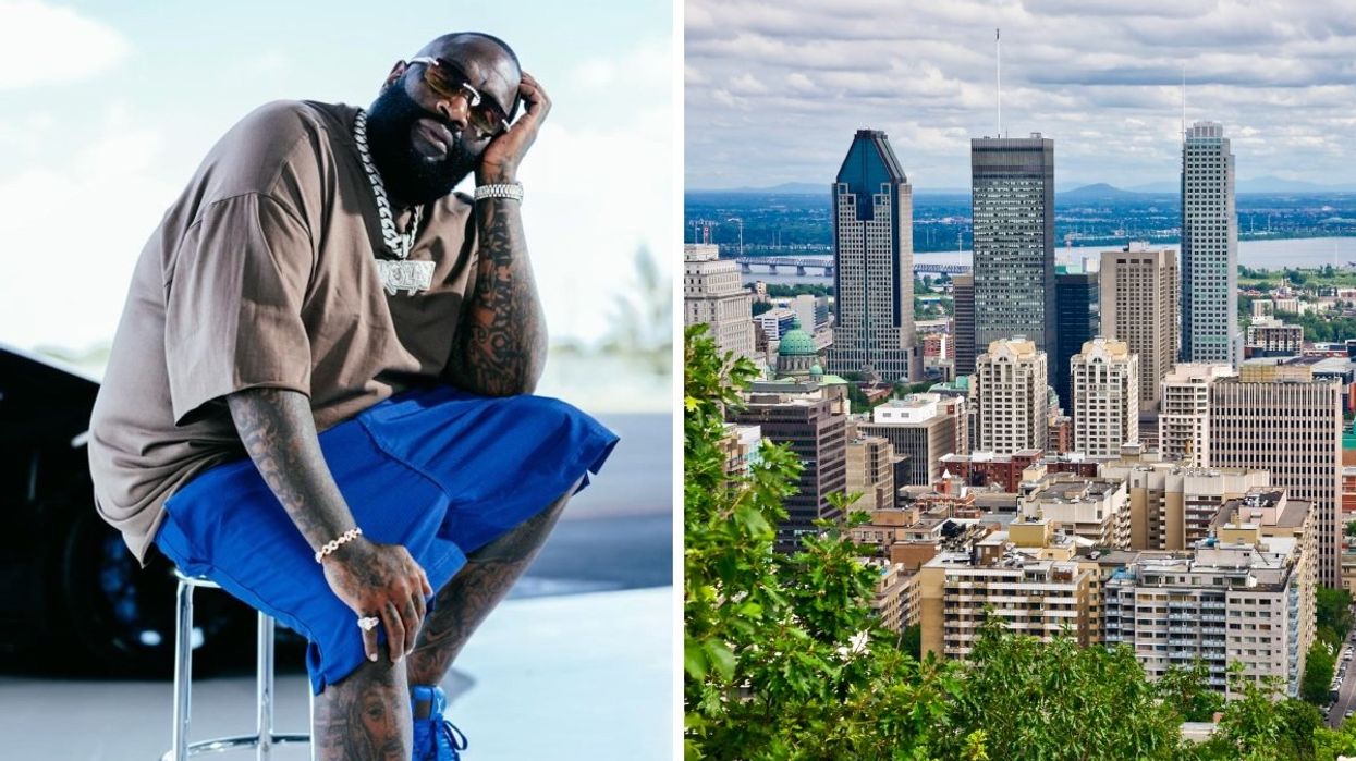 Rick Ross sitting on a stool posing for photos. Right: The Montreal skyline during the summertime taken from the Mont-Royal lookout. 