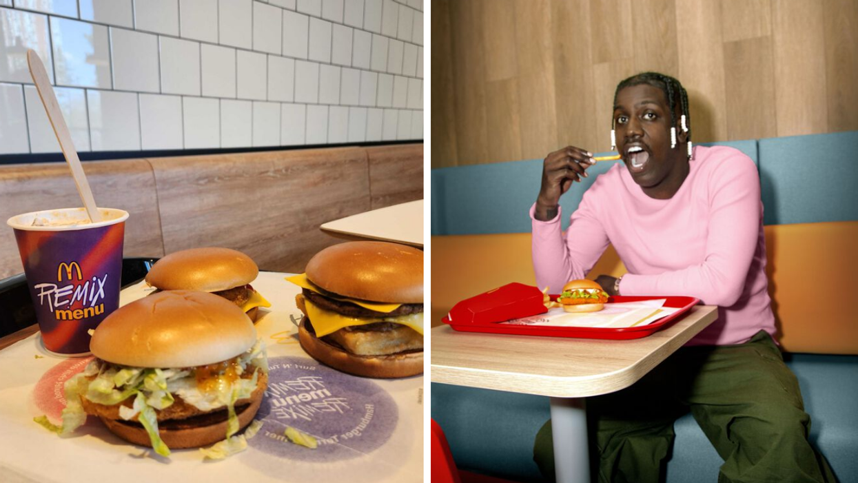 Right: Chicken Cheeseburger, Surf 'N Turf Burger, Sweet Chili Junior Chicken and Apple Pie McFlurry from the new McDonald's Canada Remix Menu. Right: Lil Yachty eats french fries and a burger at McDonald's.