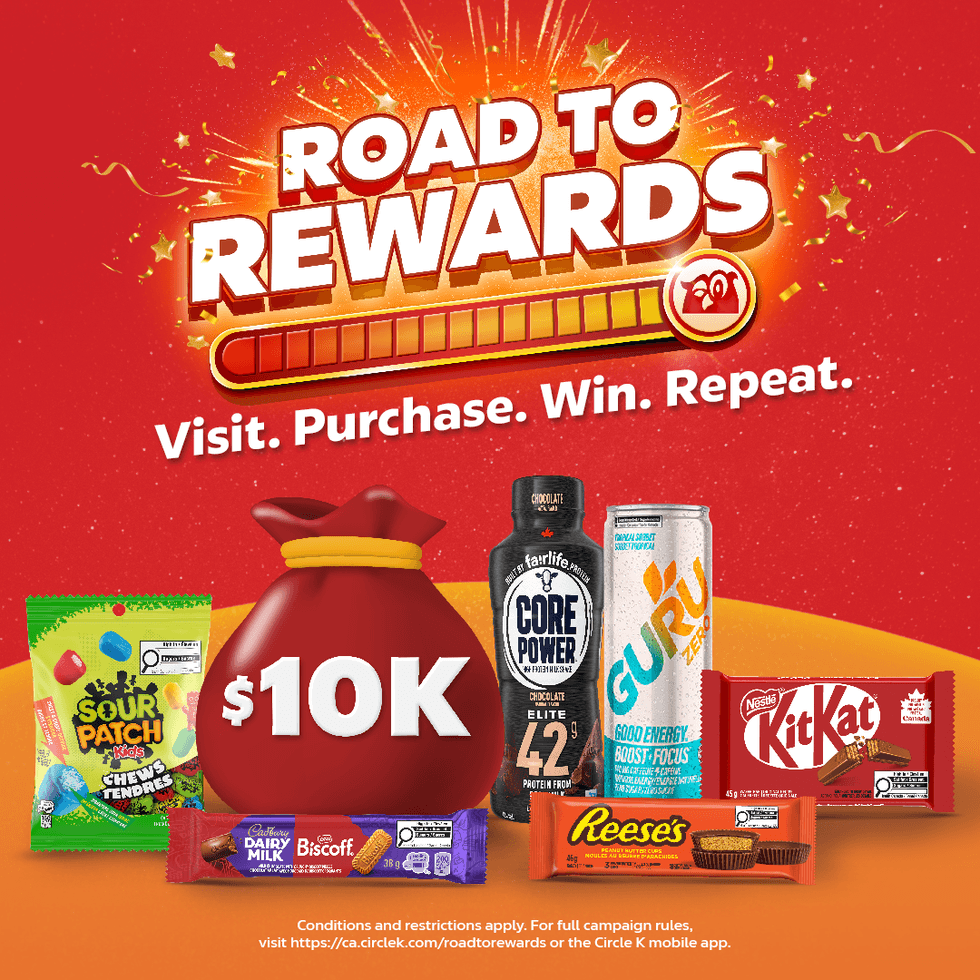 Road to Rewards promotion at Couche-Tard featuring a $10K prize and participating products.