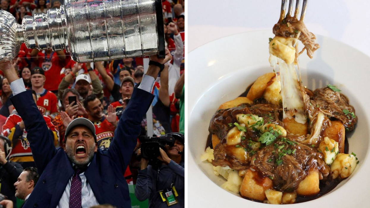 Roberto Luongo raises the Stanley Cup above his head after the Florida Panthers' 2024 NHL victory. Right: A forkful of gnocchi poutine from a Montreal restaurant.