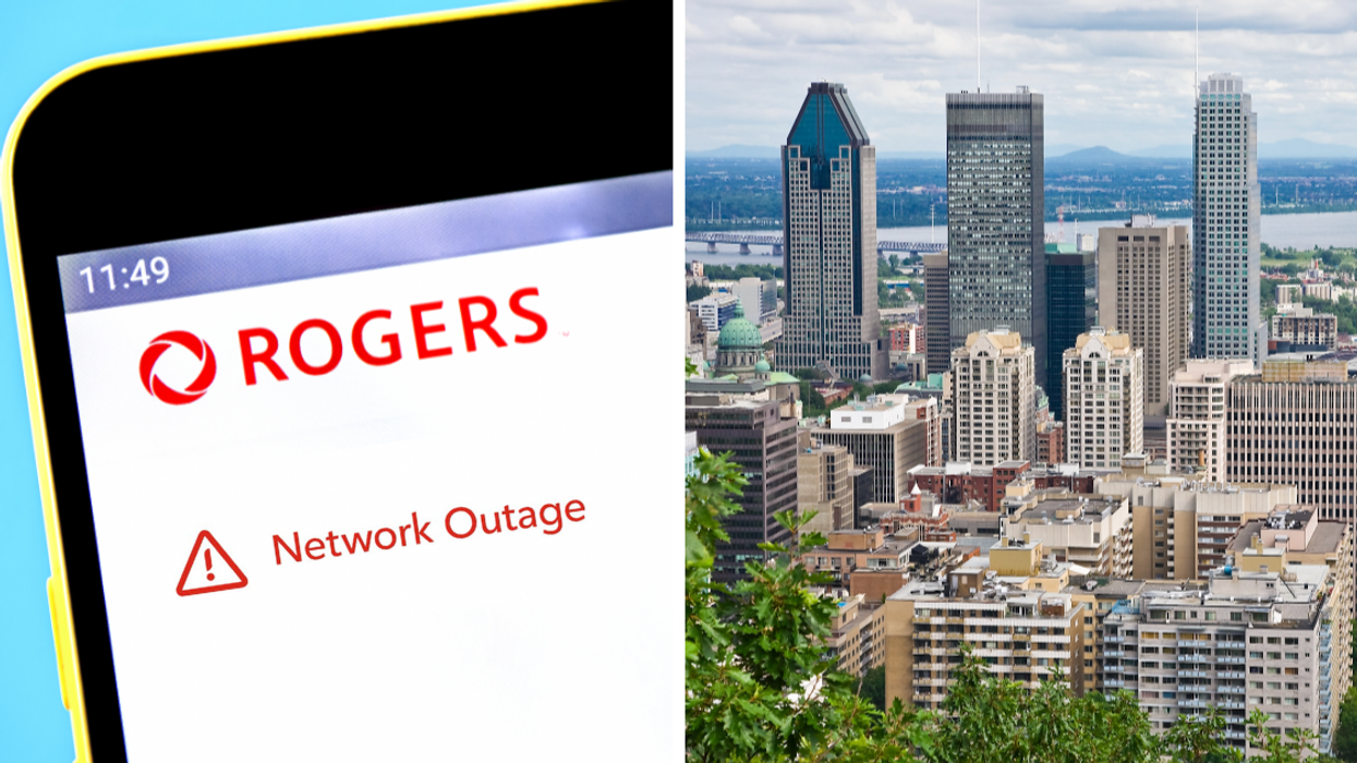 Rogers phone with network outage. Right: City of Montreal skyline.
