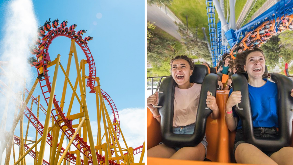 Rollercoaster at LaRonde in Montreal, Quebec. Right: Two people screaming on a rollercoaster at LaRonde in Montreal, Quebec.