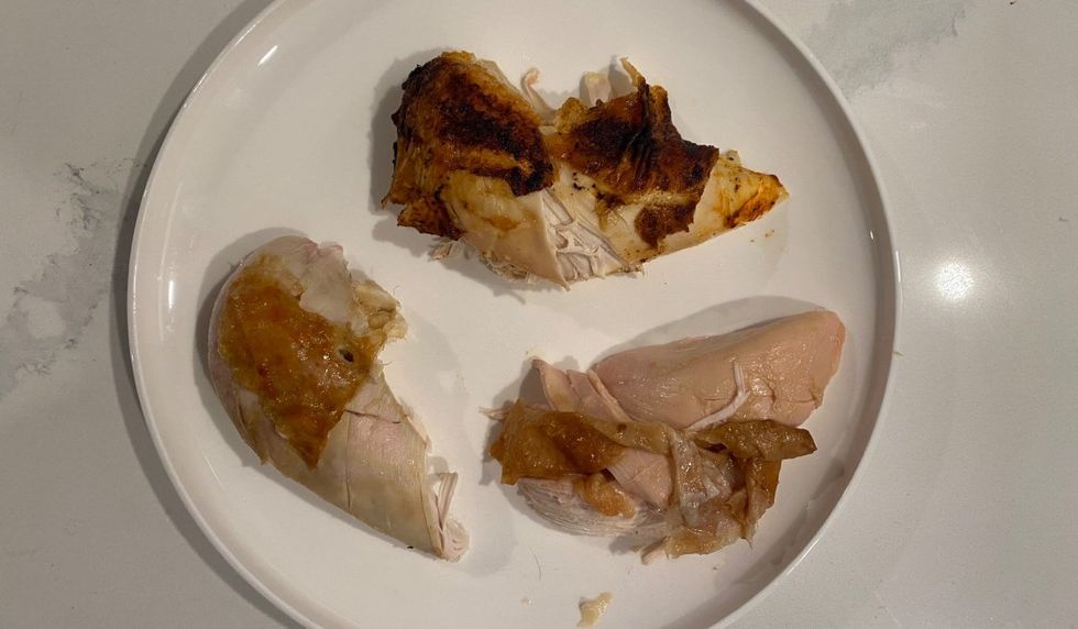 Rotisserie chicken breast from Maxi (top), IGA (left) and Costco (right).