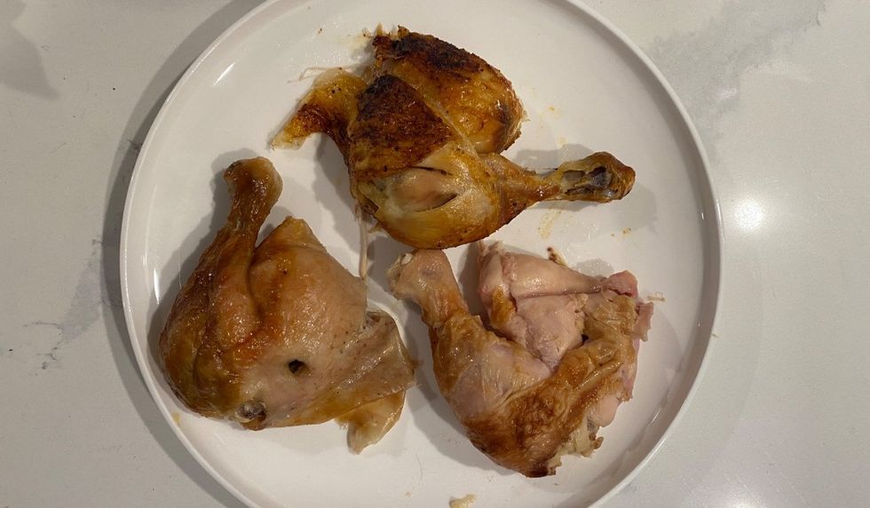 Rotisserie chicken leg from Maxi (top), IGA (left) and Costco (right).