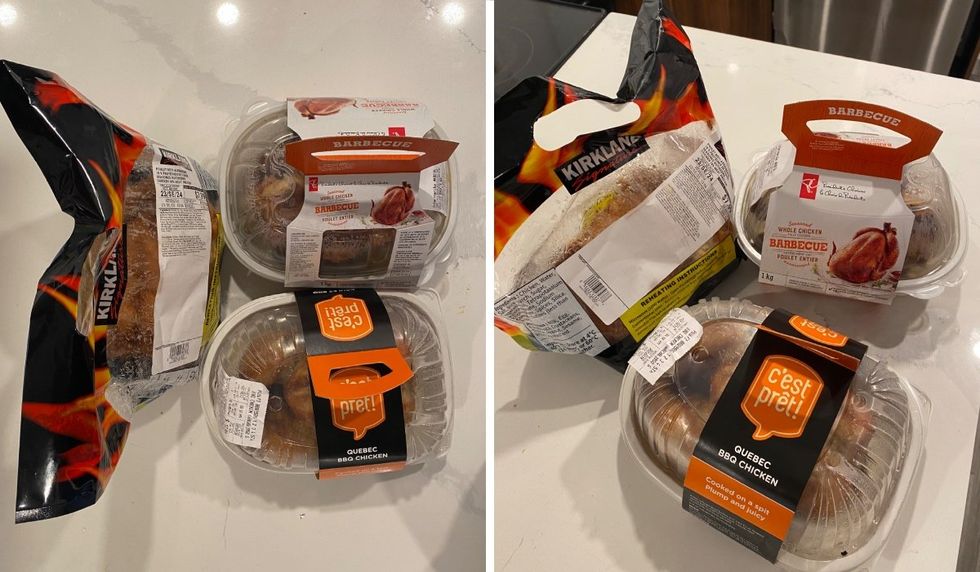 Rotisserie chickens in their packaging from Costco, IGA and Maxi.