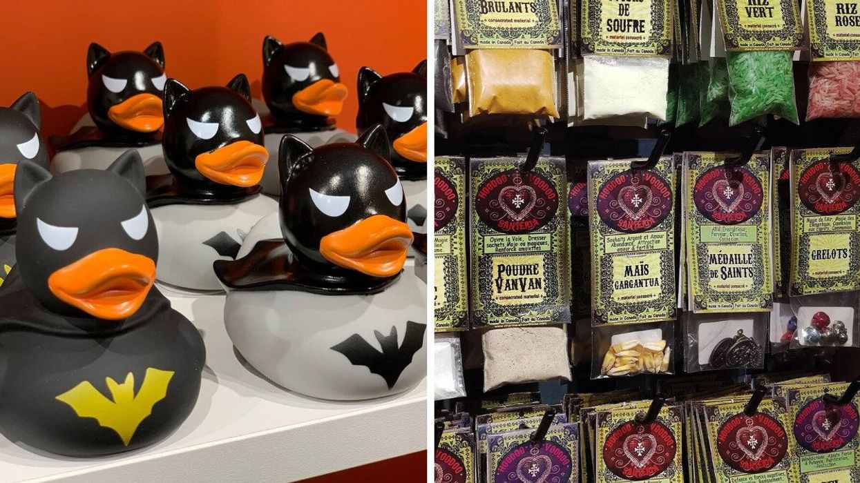 Rows of rubber ducks decorated like Batman. Right: Sachets of spiritiual items for making talismans, including "mojo beans," rose buds and snake skin.