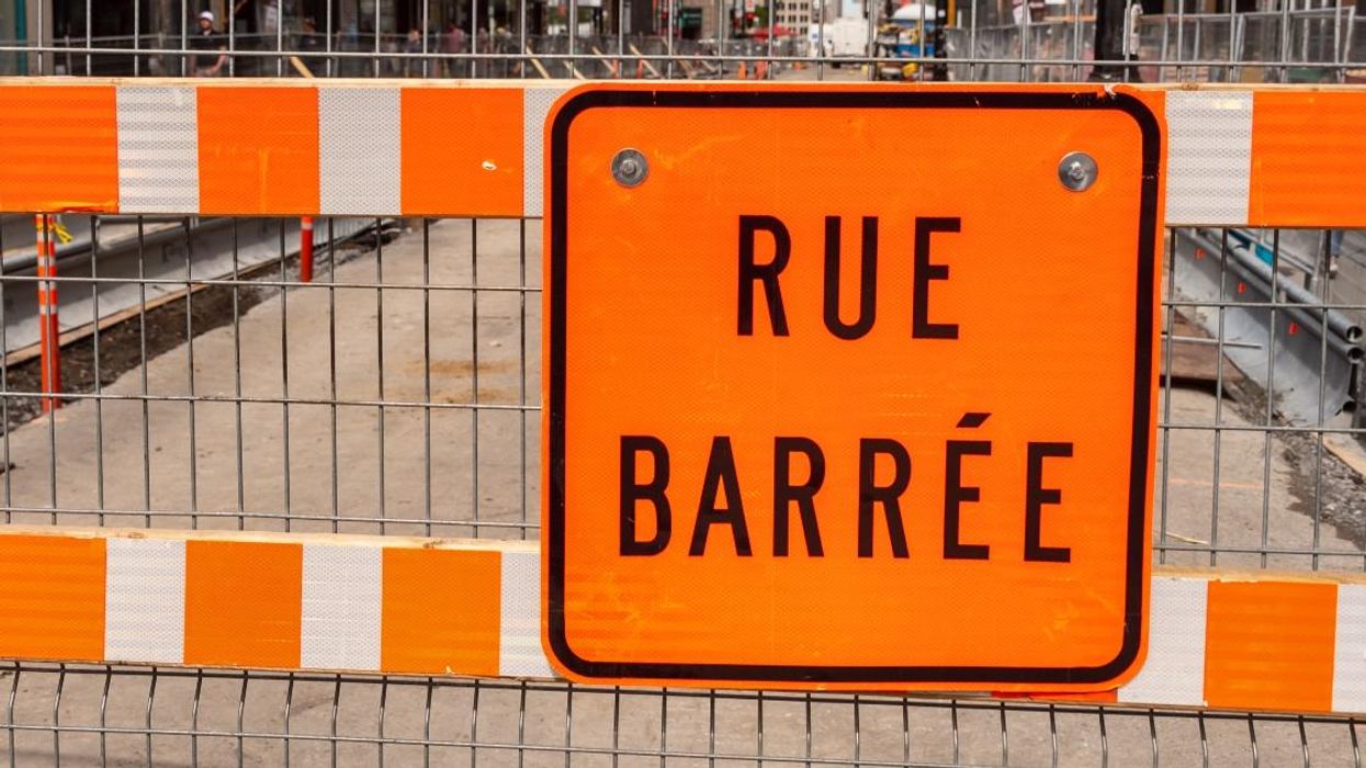 Rue Barrée construction sign in Montreal.