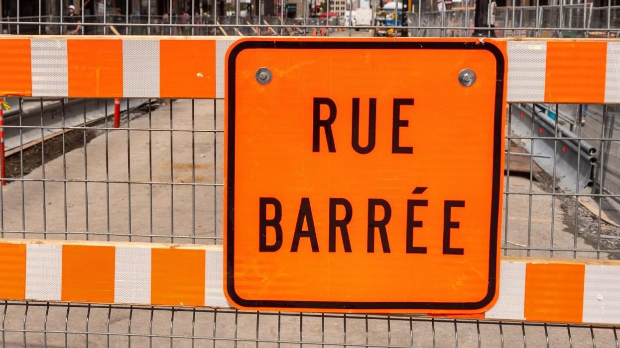 Rue Barrée construction sign in Montreal.