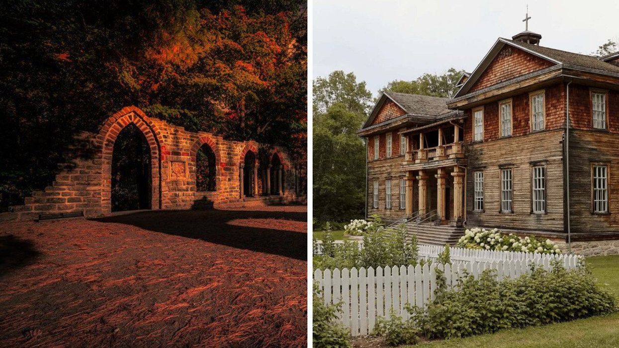 Ruins in a park in Quebec. Right: A ghost town in Quebec.