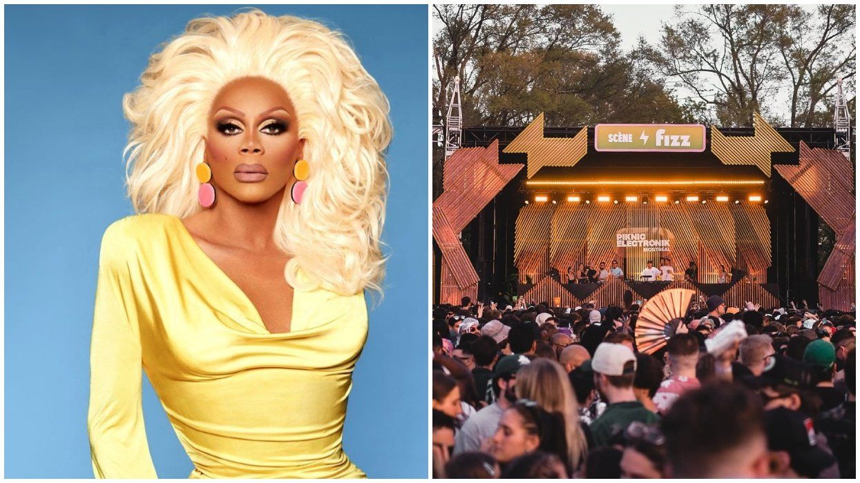 RuPaul in drag. Right: A concert in Montreal's Parc Jean-Drapeau