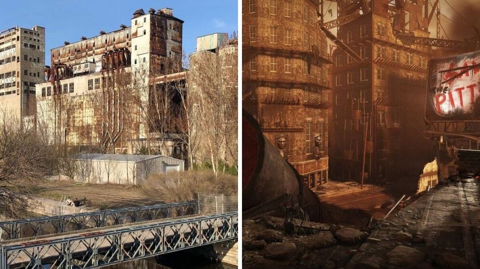 Rusted silos in the Old Port. Right: A path into The Pitts in Fallout.