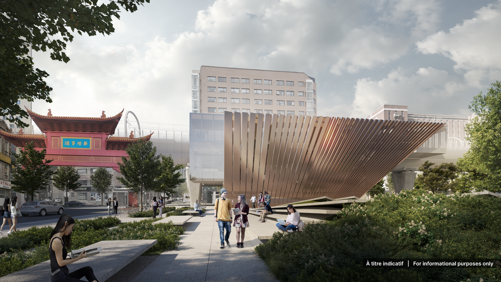 Saint-Laurent station on the REM de l'Est at the Montreal Chinatown gate.