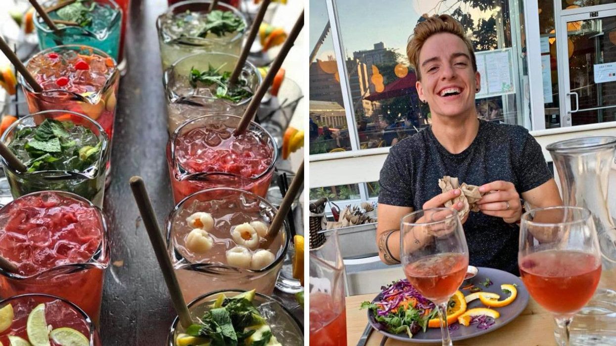 Sangria pitchers on a table. Right: person smiling while eating at a Montreal restaurant.