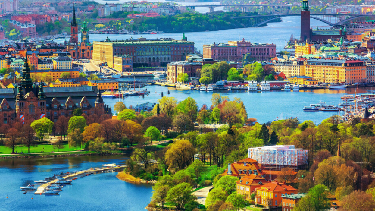 Scenic summer aerial panorama of the Old Town (Gamla Stan) architecture in Stockholm, Sweden.
