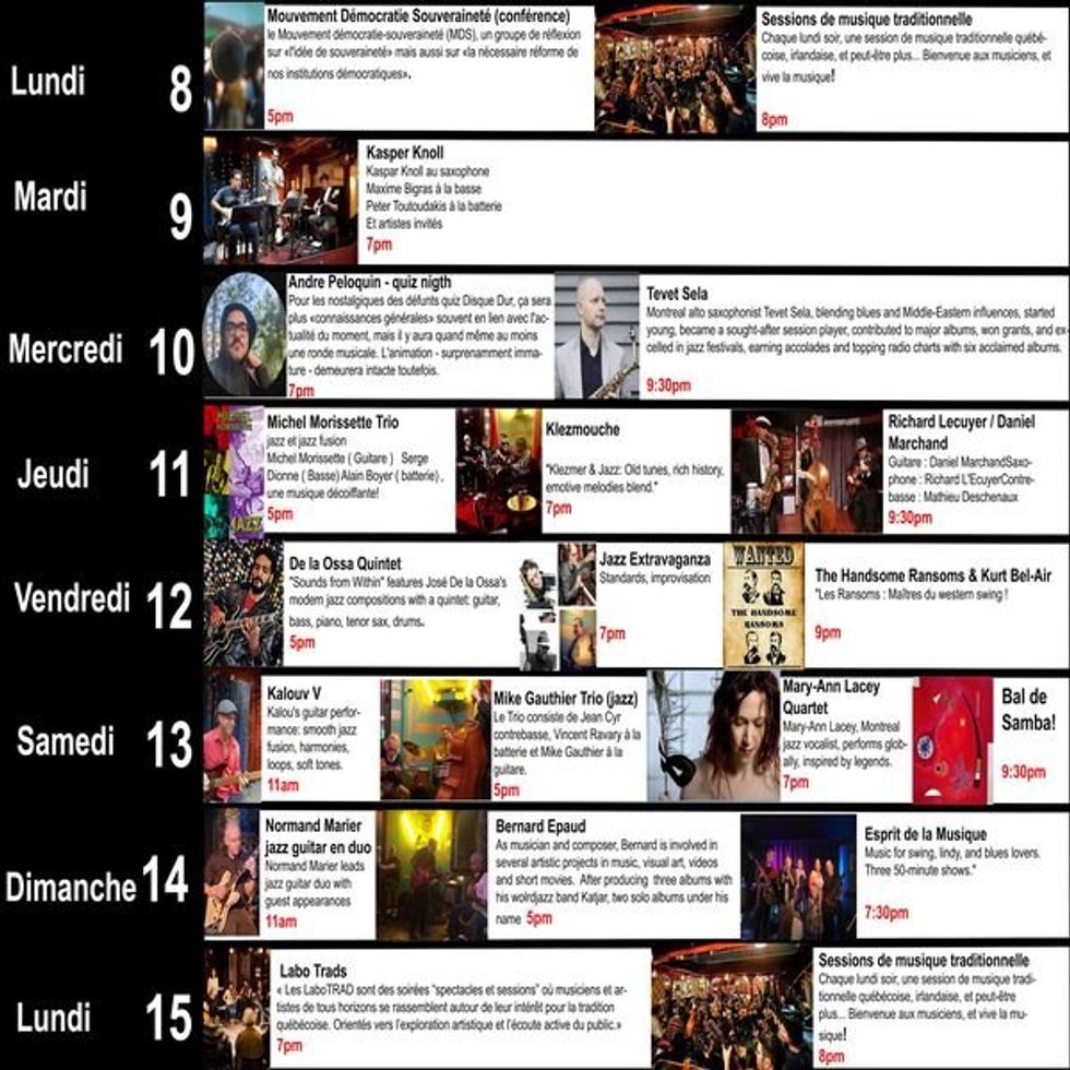 Schedule for performances taking place at La Petite Marche in Montreal.