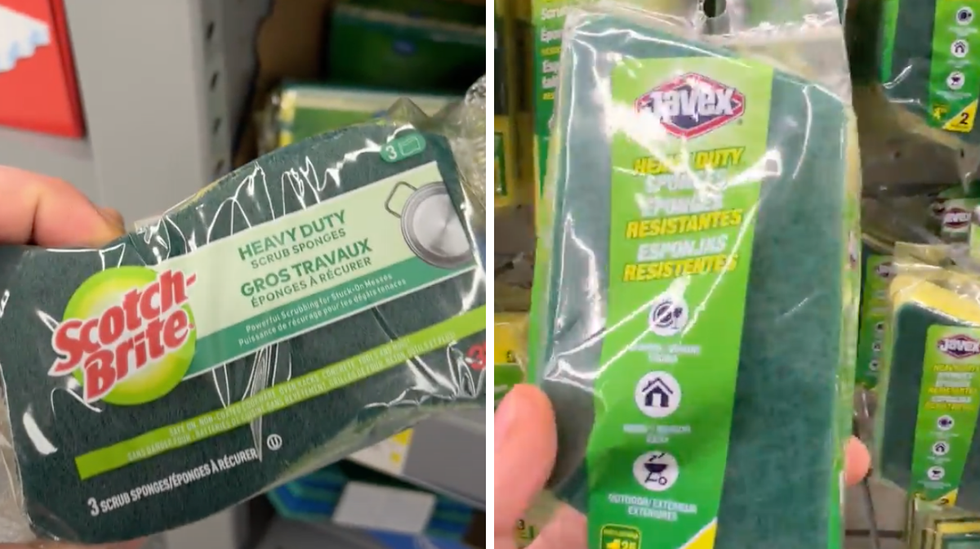 Scotch-Brite sponges. Right: Javex sponges.