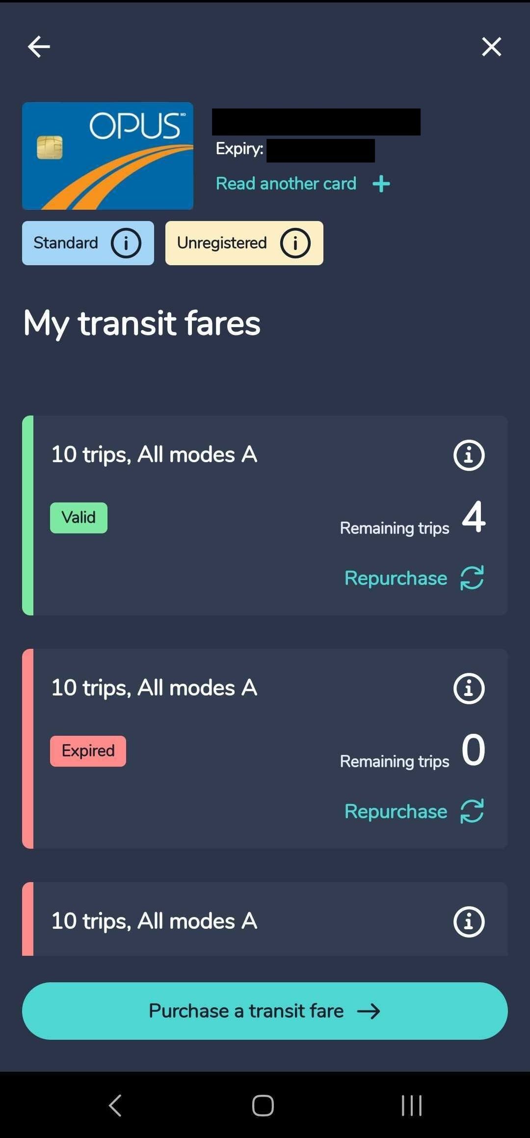 Screenshot of an Android user's Chrono app as a user purchases transit fare.