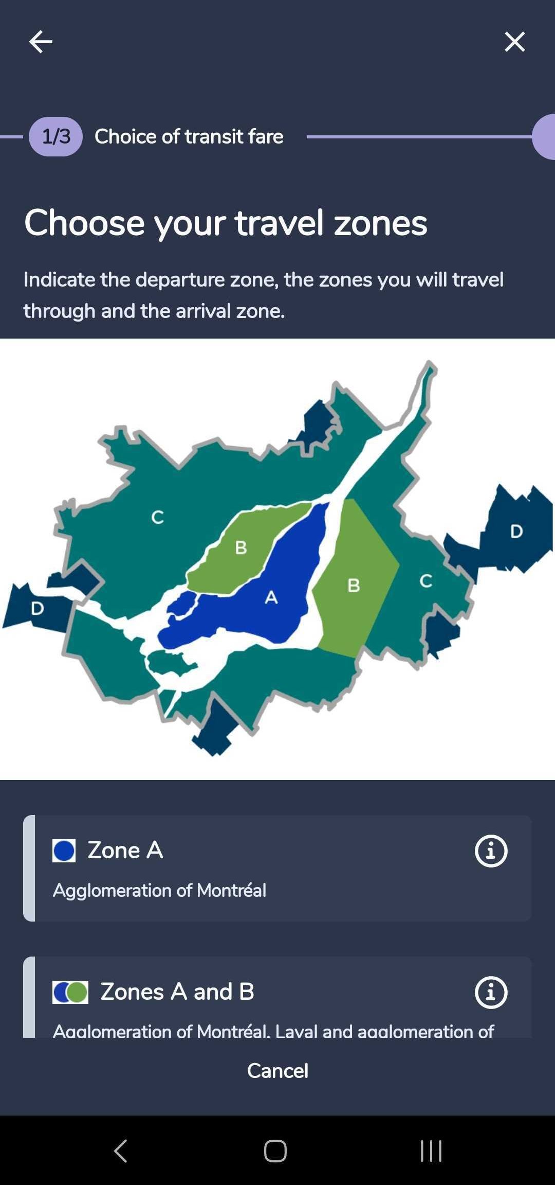 Screenshot of an Android user's Chrono app as a user purchases transit fare.