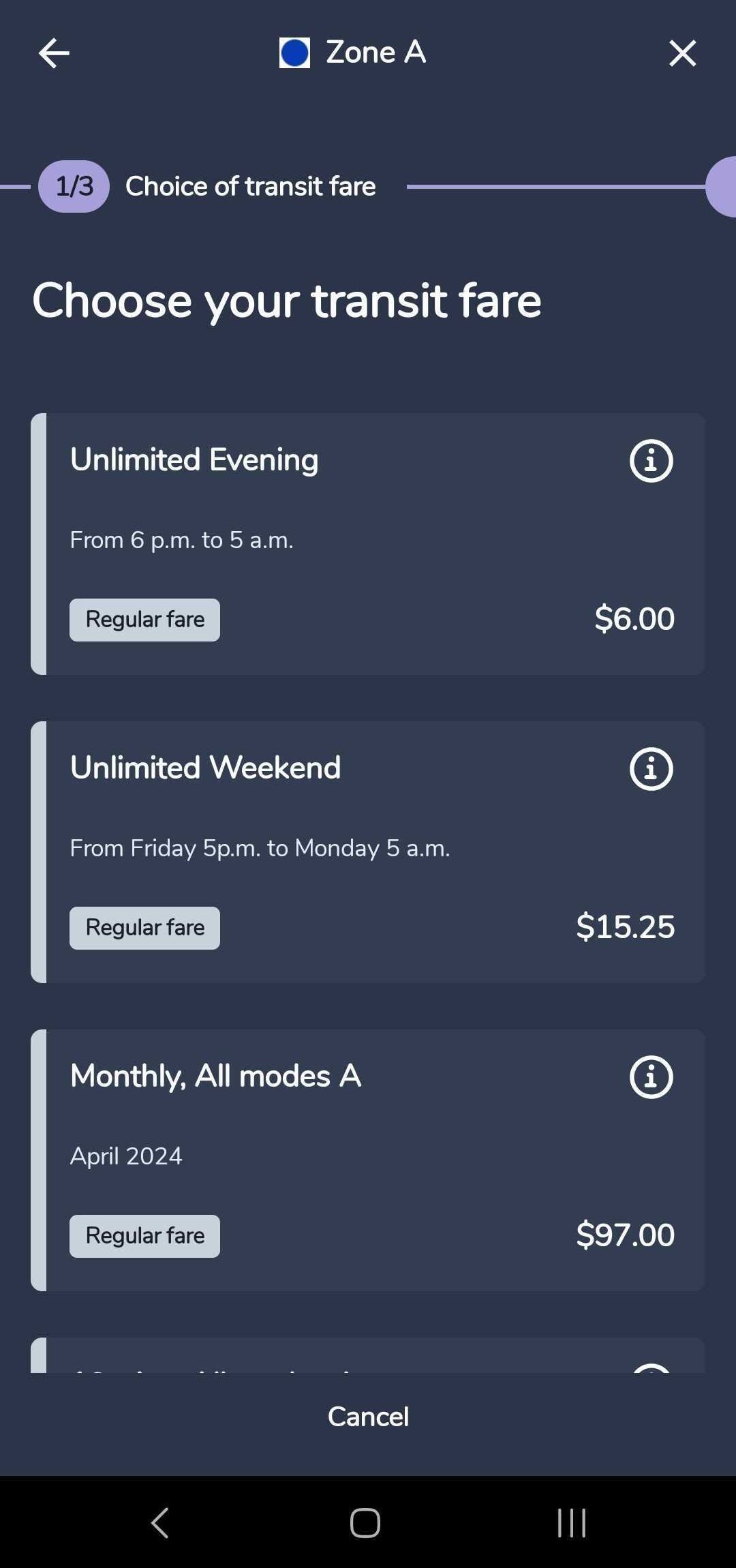 Screenshot of an Android user's Chrono app as a user purchases transit fare.