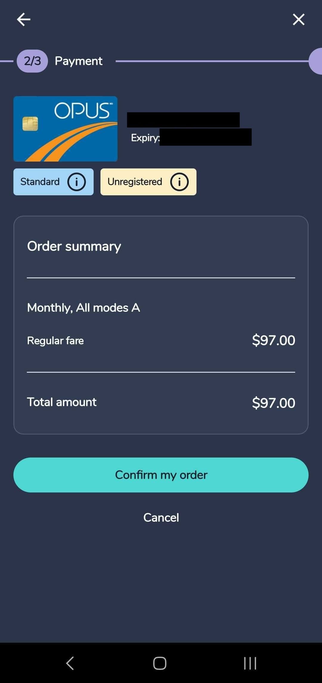 Screenshot of an Android user's Chrono app as a user purchases transit fare.