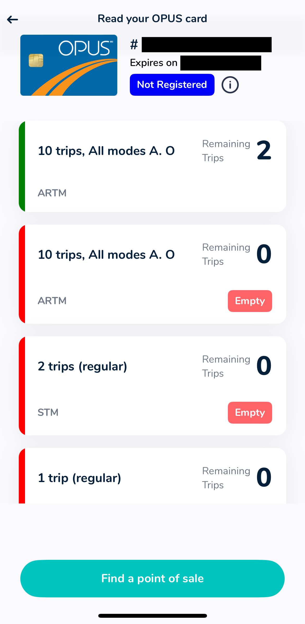 Screenshot of the Chrono application which allows you to see the information associated with your OPUS card, including your remaining access.