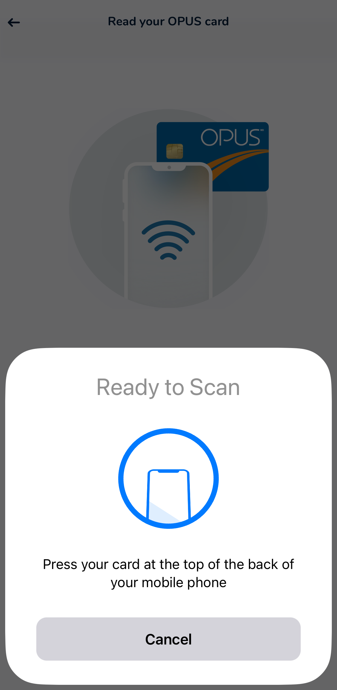 Screenshot of the Chrono application which already offers the possibility of linking your OPUS card for future mobile reloading.