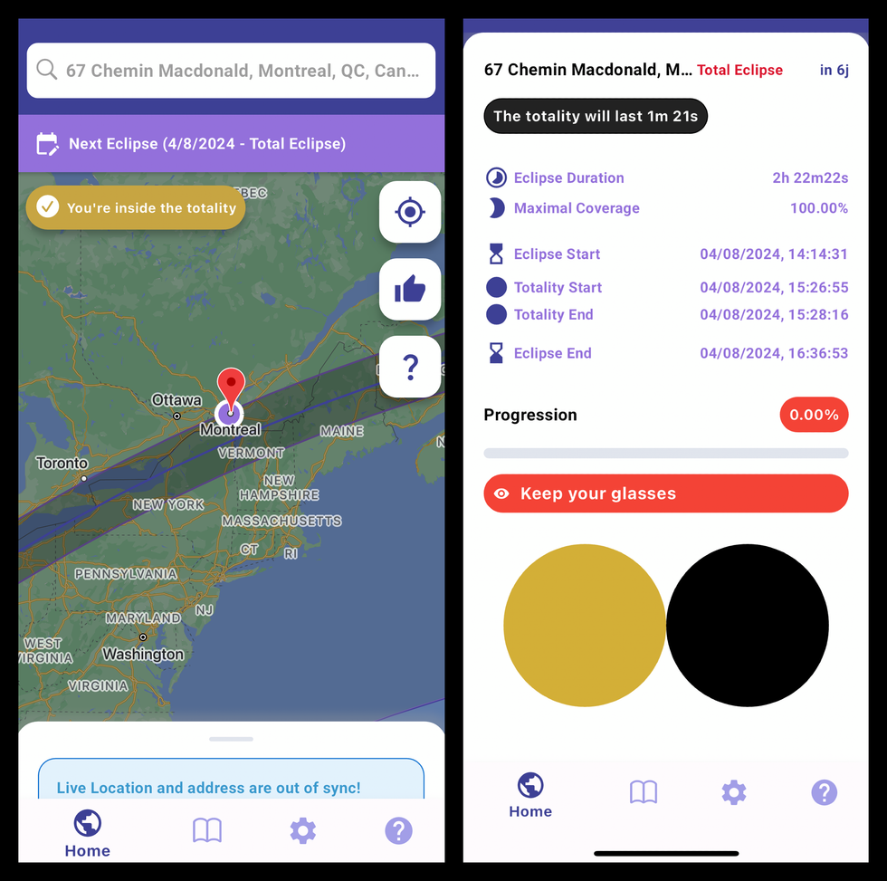 Screenshots from the My Eclipse app / Mon \u00c9clipse app, which shows you whether you're in the totality zone and provides optimal viewing times.