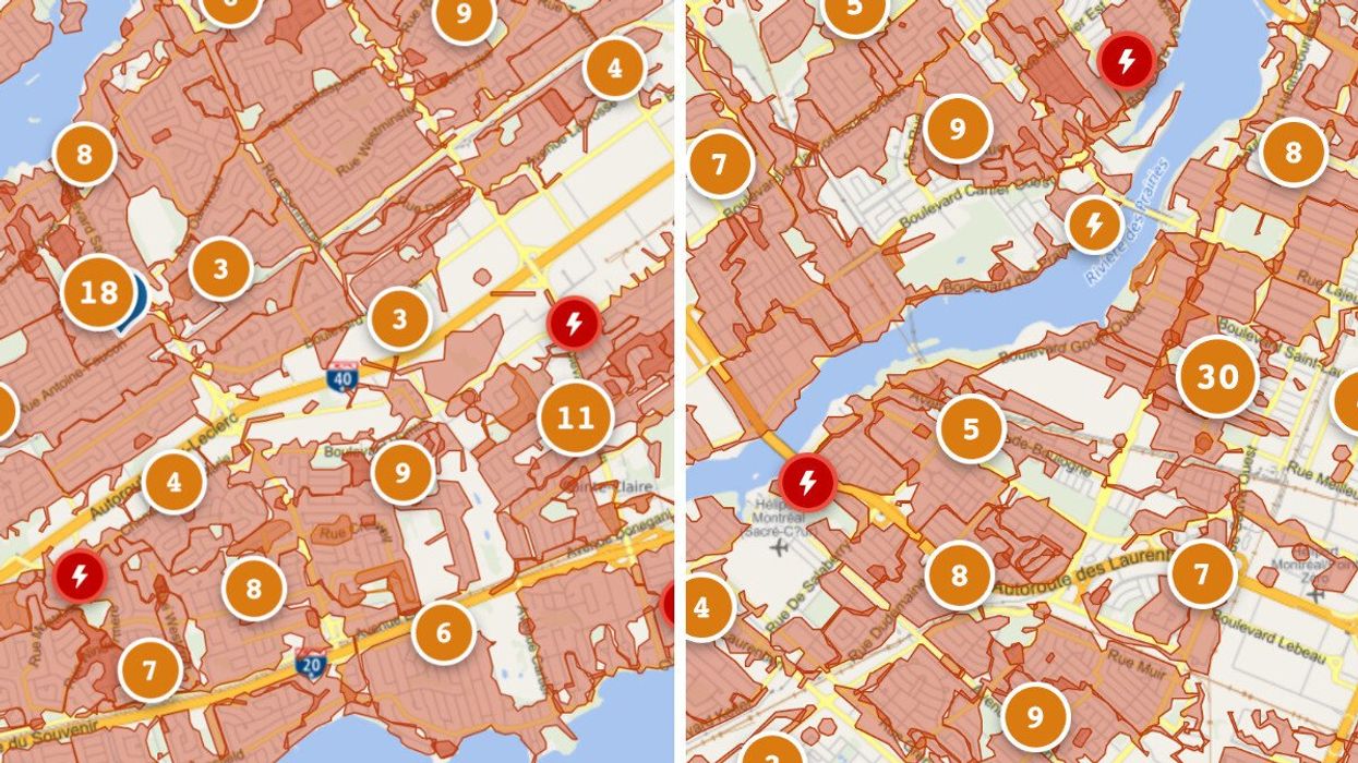Sections of Hydro-Québec's power outage map showing parts of Montreal Island and Laval on April 6, 2023.