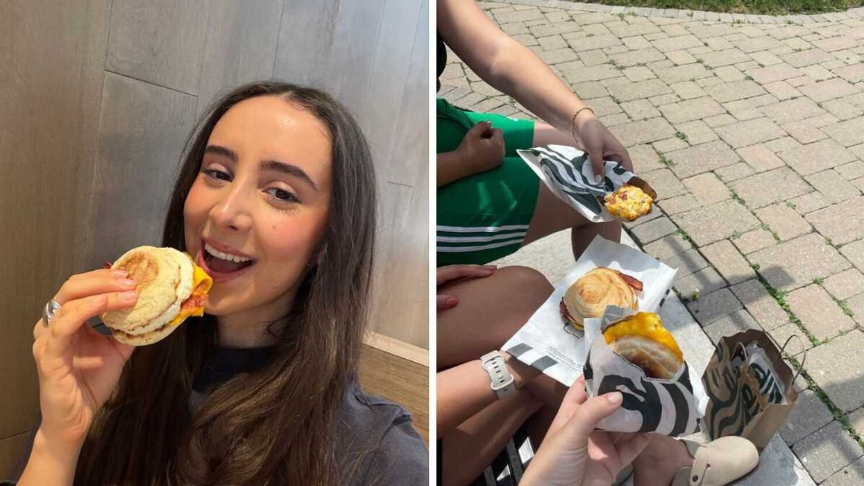 Selfie with a breakfast sandwich. Right: People holding Starbucks breakfast sandwiches.
