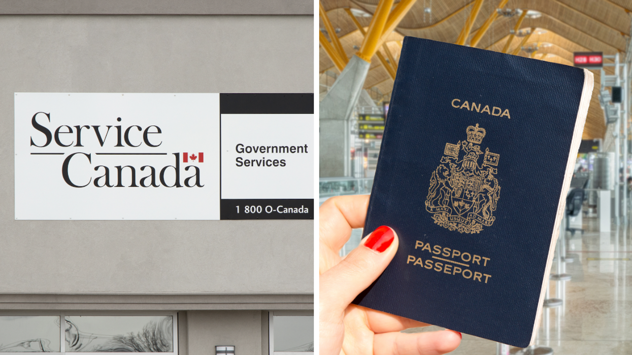 Service Canada building. Right: Person holding a Canadian passport.