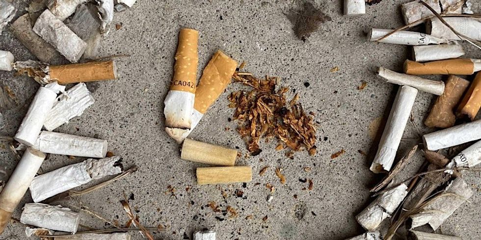Several cigarette butts on the ground.