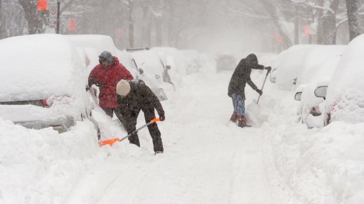 Several people shovelling out their cars during a Montreal snowstorm.