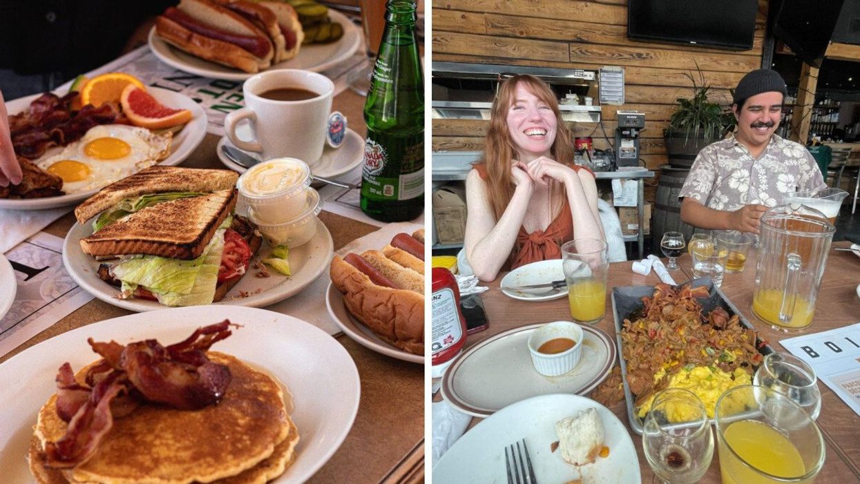 Several plates of delicious breakfast options from Greenspot, Montreal. Right: Friends smile beside a huge breakfast tray at Saint Houblon, Montreal.