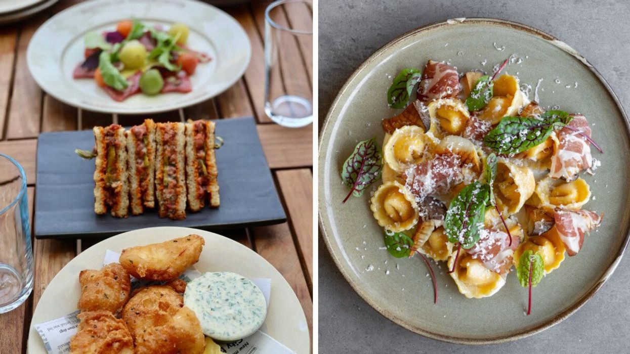 Several tasty-looking dishes from Montreal's Bistro La Franquette. Right: A singular pasta dish from Hoogan et Beaufort, Montreal.