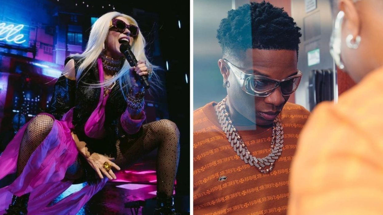 Shania Twain performing on stage, Right: Wizkid wearing a orange shirt and silver chain looking into the mirror.