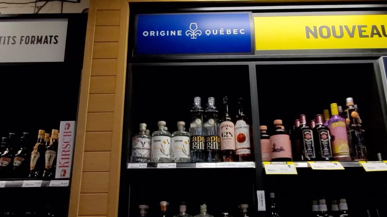 Shelves at the SAQ stocked with Quebec-made spirits.