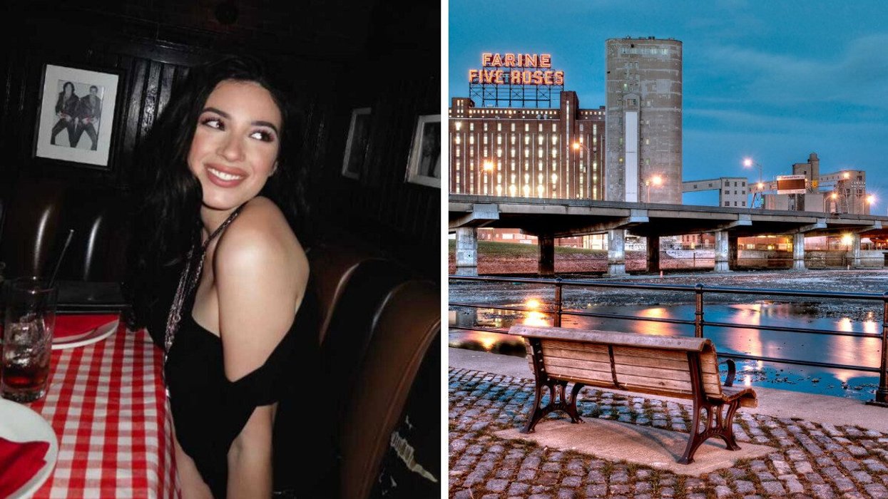 Sienna Palmeri smiles at a restaurant in Canada. Right: Montreal at night with a view of Farine Five Roses' neon sign.