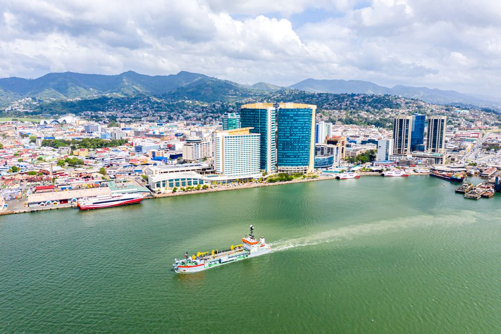 Skyscrapers and boats in Port of Spain, the capital city of Trinidad and Tobago.