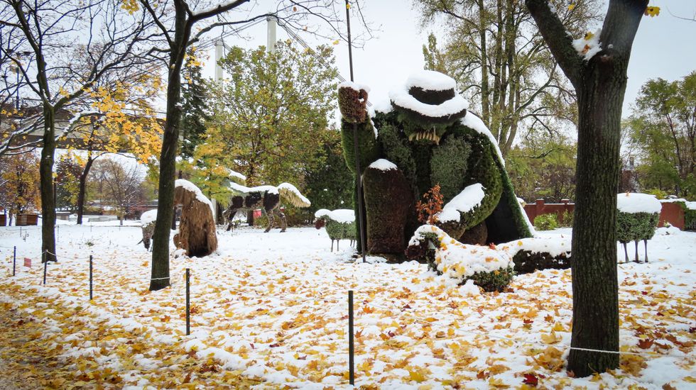 Snow-covered Mosa\u00efcultures garden at Parc Jean-Drapeau Montreal.