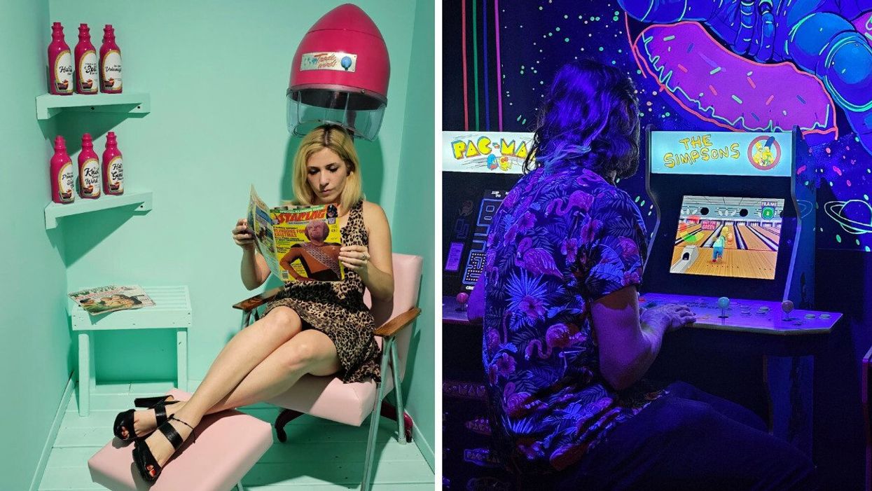 Sofia reads a Star Trek magazine while sitting in a pastel pink hair salon chair in a mint green room. Right: Will wears a flamingo shirt and plays a Simpsons-themed bowling arcade game in a room that glows under a black light.