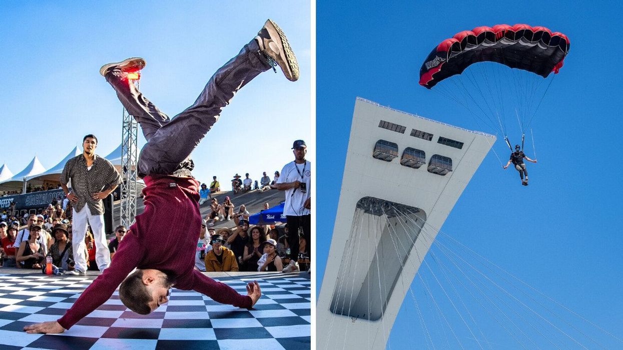 Someone breakdancing in the Olympic Park Esplanade. Right: A base jumper by the Montreal Olympic Tower.