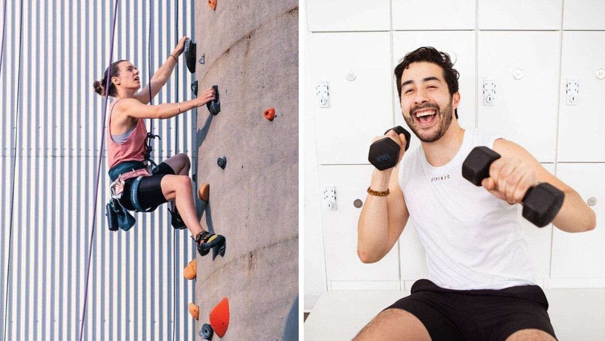 Someone climbs on a Montreal silo. Right: A person holds weights.