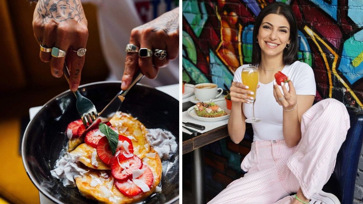 Someone cuts pancakes. Right: A person holds up a strawberry and mimosa.