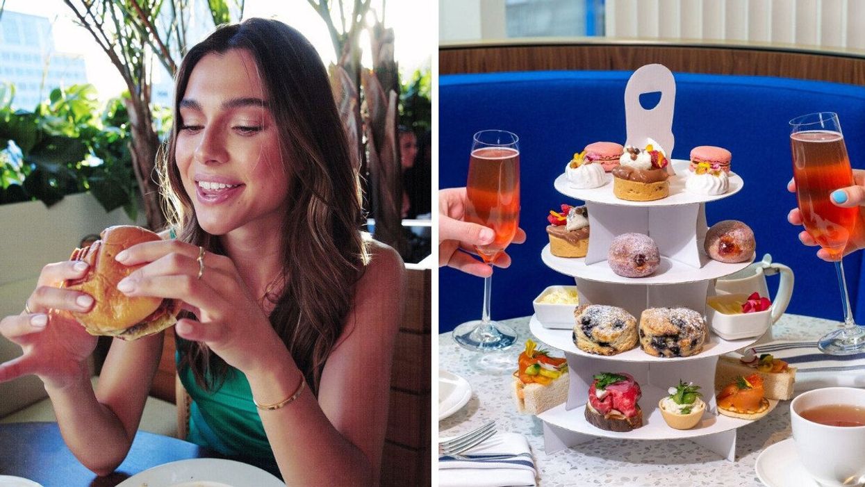 Someone digs into a burger. Right: A tower of colourful treats.